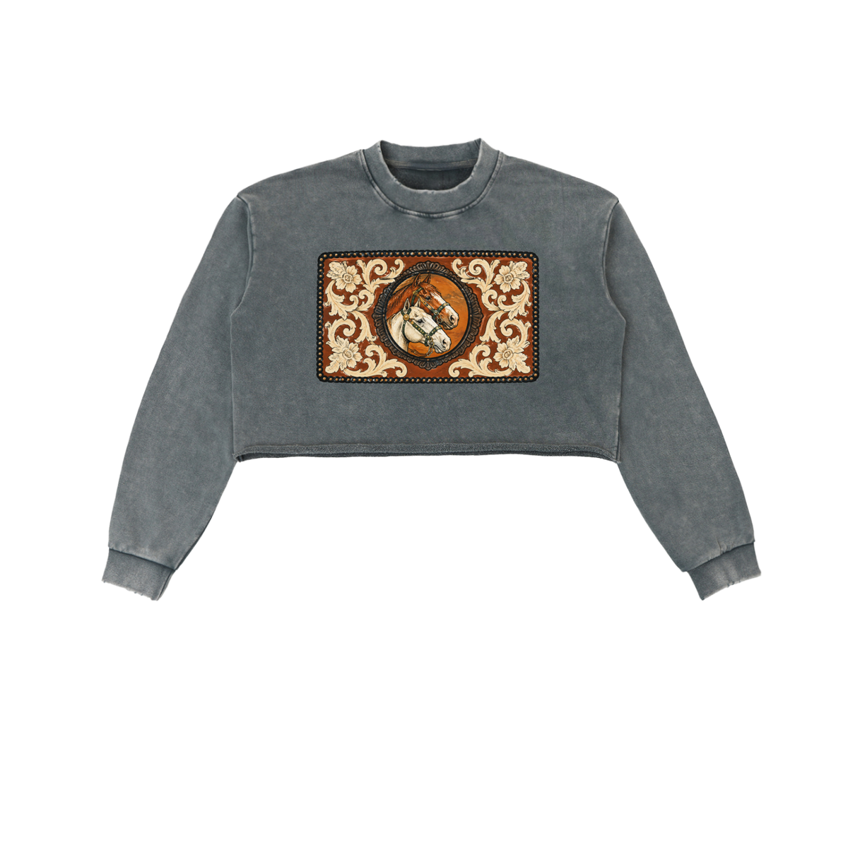 Vintage Western Tooled Leather Blue Snow Washed Raw Edge Cropped Sweatshirt