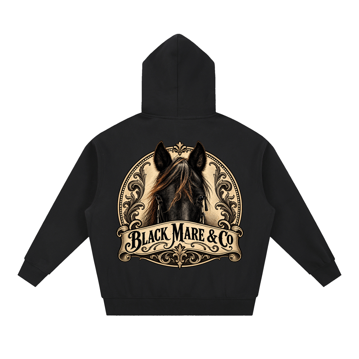Black Mare & Co Banner & OG Logo Black Essential Oversized Boxy Fit Fleece Hoodie
