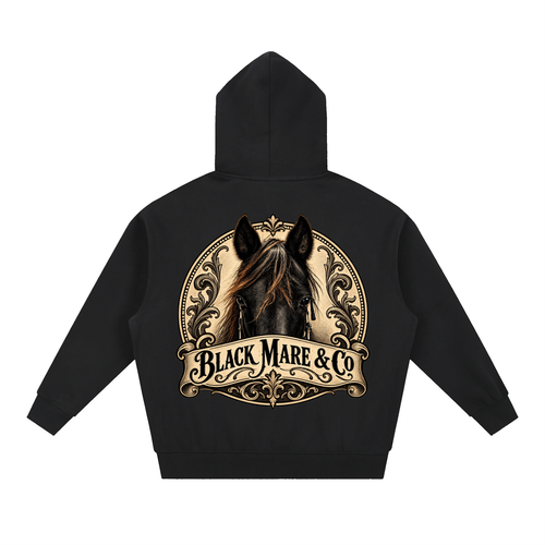 Black Mare & Co Banner & OG Logo Black Essential Oversized Boxy Fit Fleece Hoodie