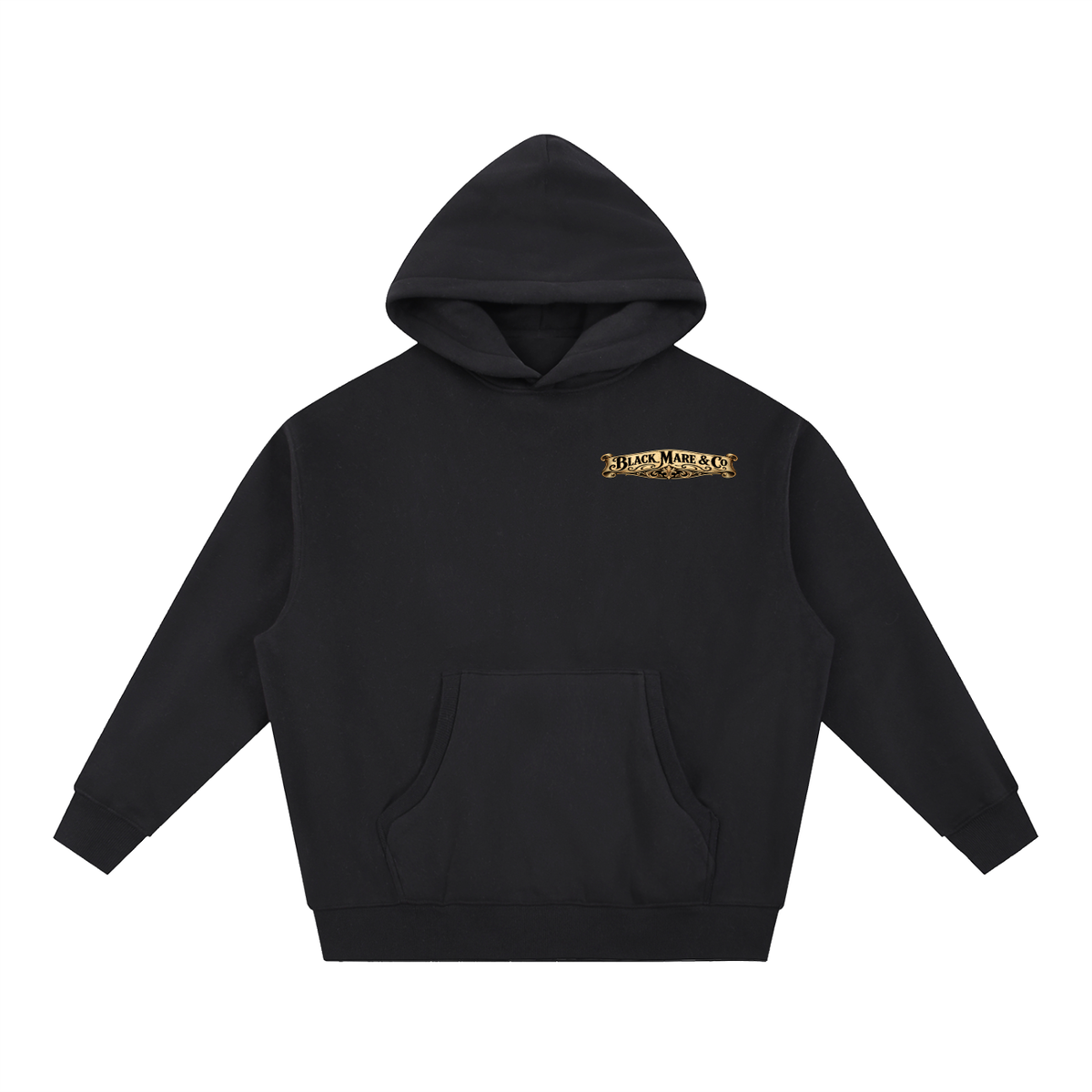 Black Mare & Co Banner & OG Logo Black Essential Oversized Boxy Fit Fleece Hoodie