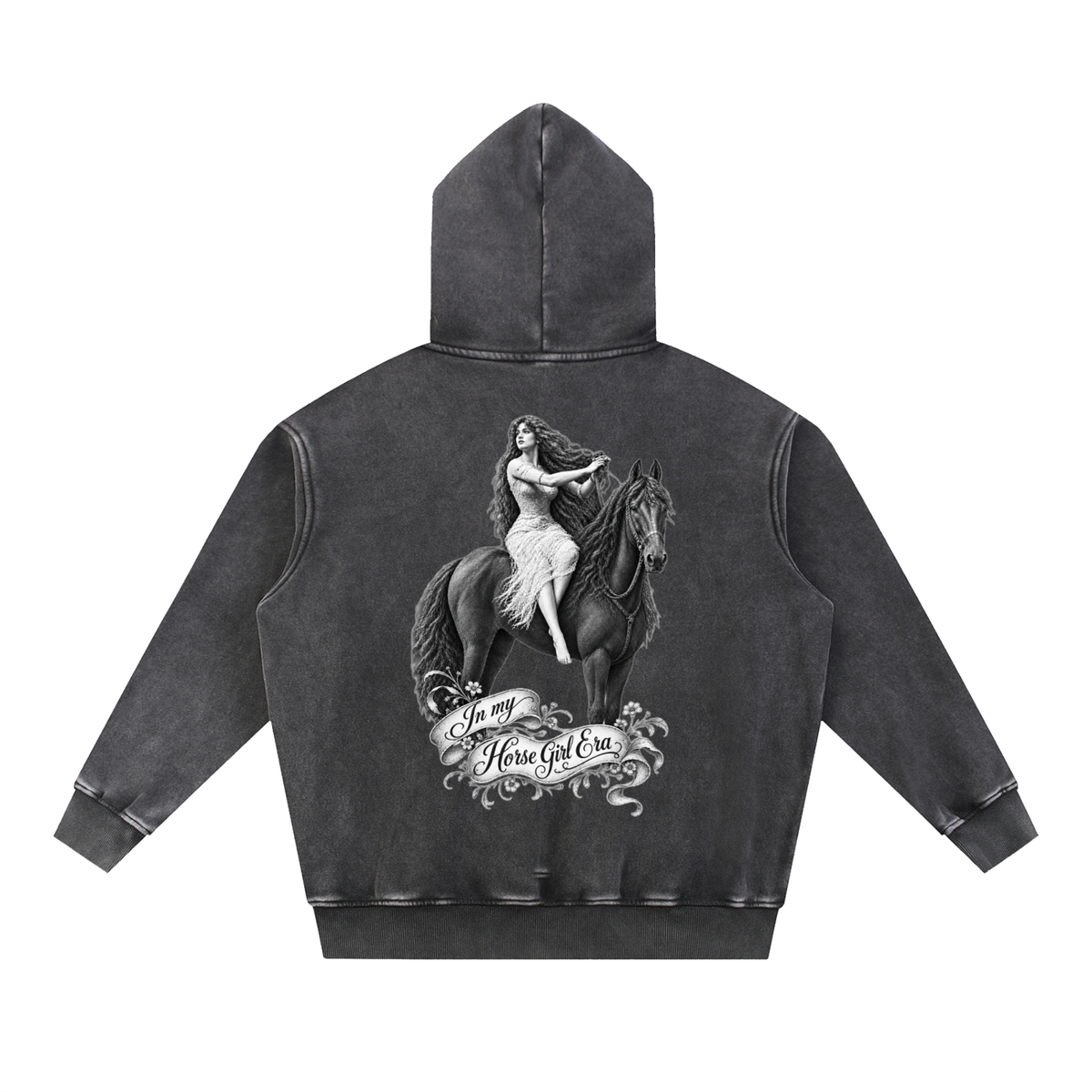 Horse Girl Era BW Back Print Snow Wash Fleece Oversize Hoodie