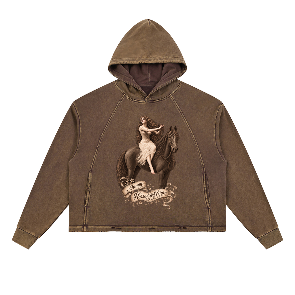 In my Horse Girl Era Sepia Brown Vintage Washed Frayed-Hem Hoodie