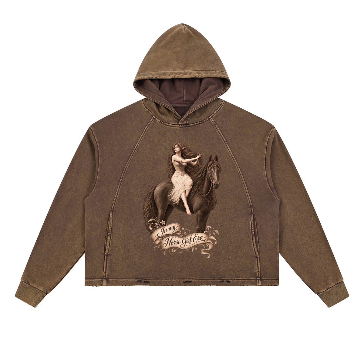 In my Horse Girl Era Sepia Brown Vintage Washed Frayed-Hem Hoodie