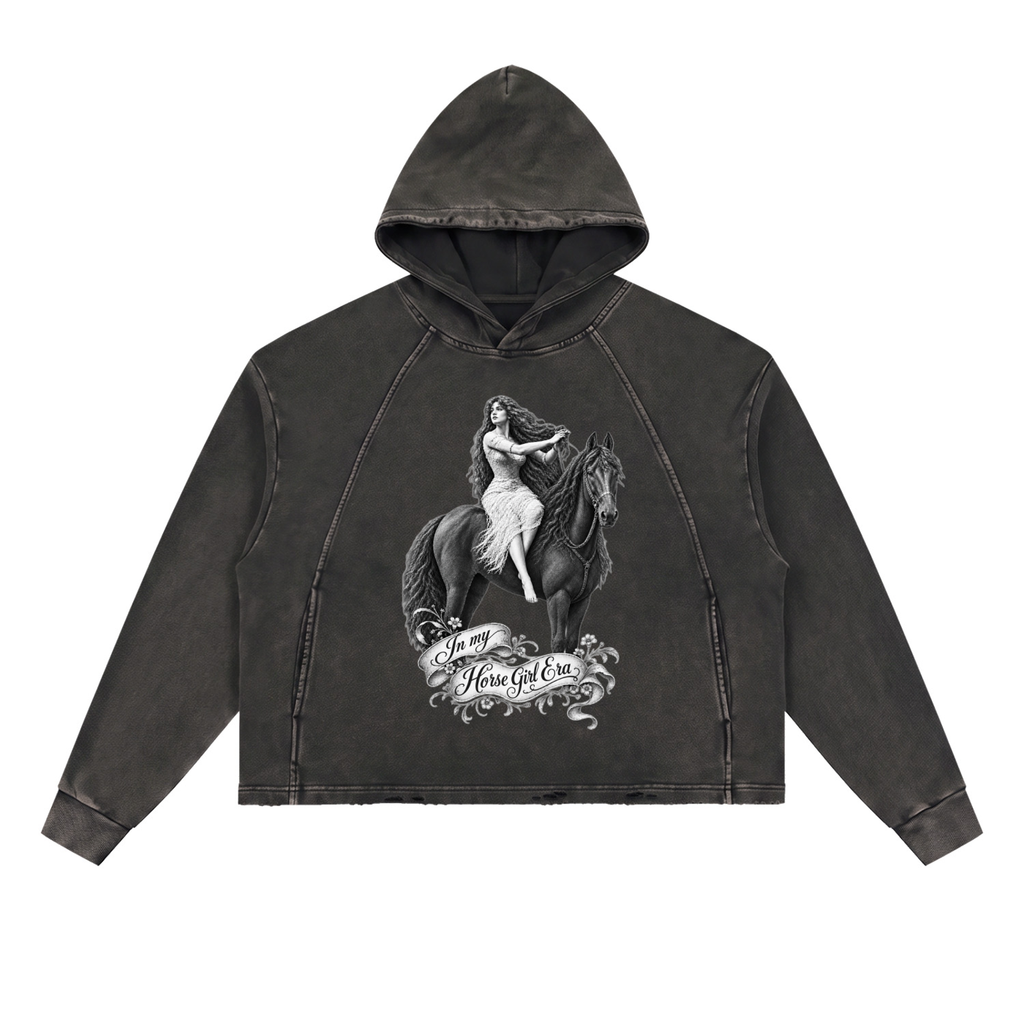 In my Horse Girl Era Black Vintage Washed Frayed-Hem Hoodie