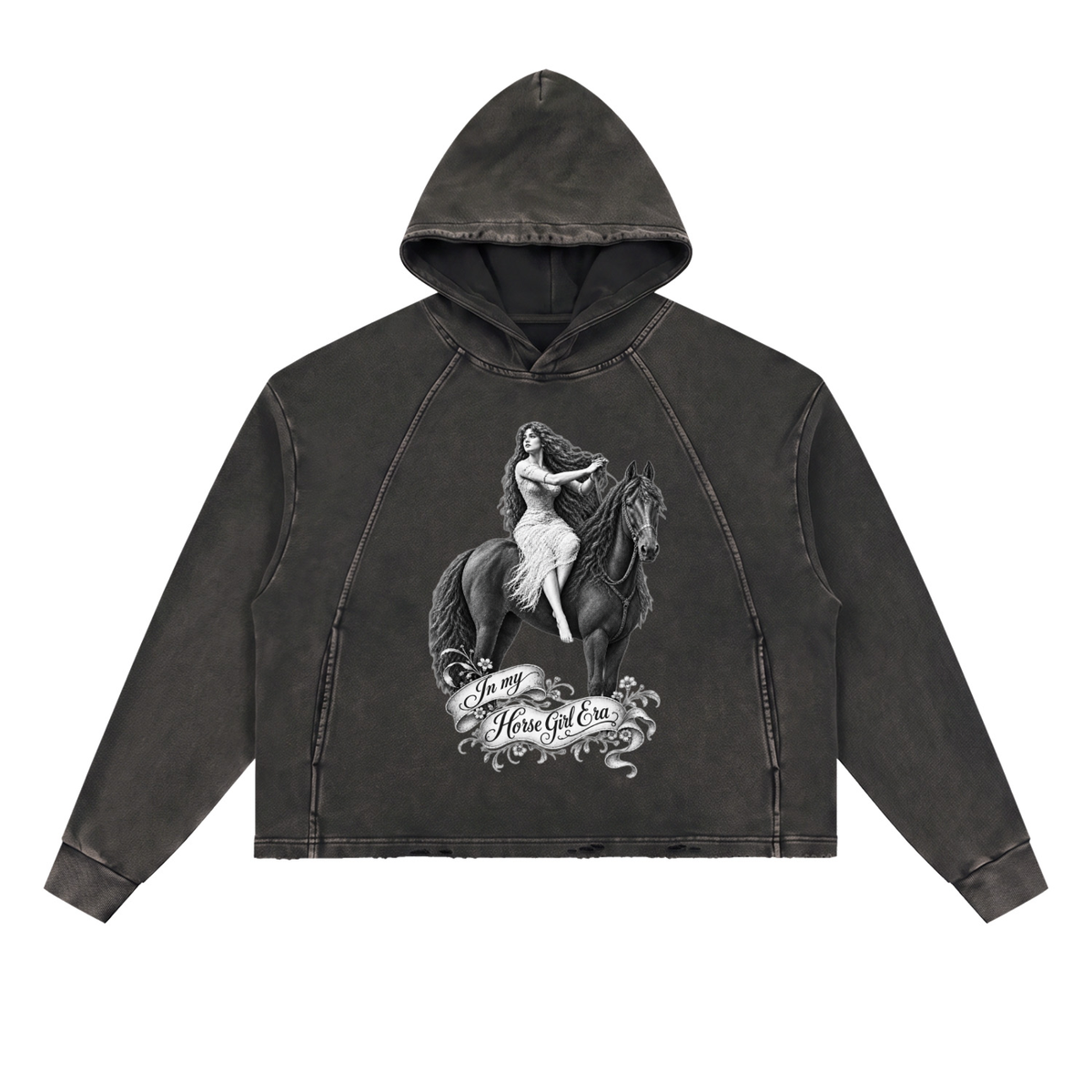 In my Horse Girl Era Black Vintage Washed Frayed-Hem Hoodie
